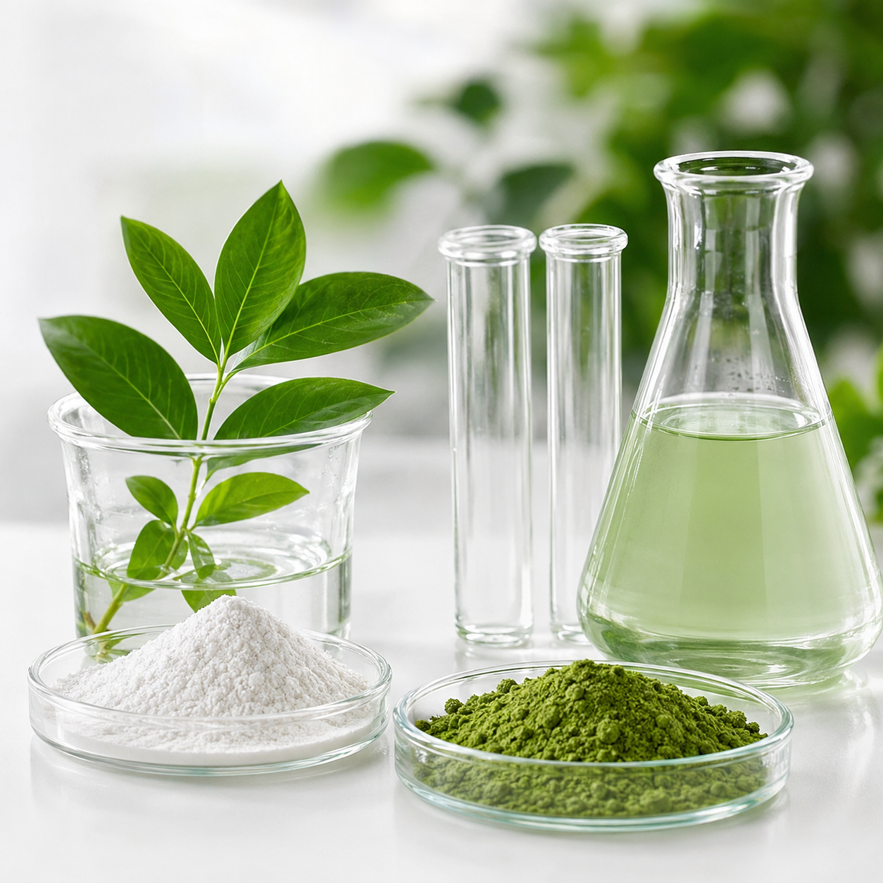 Specialty food ingredients with laboratory glassware and botanical powders
