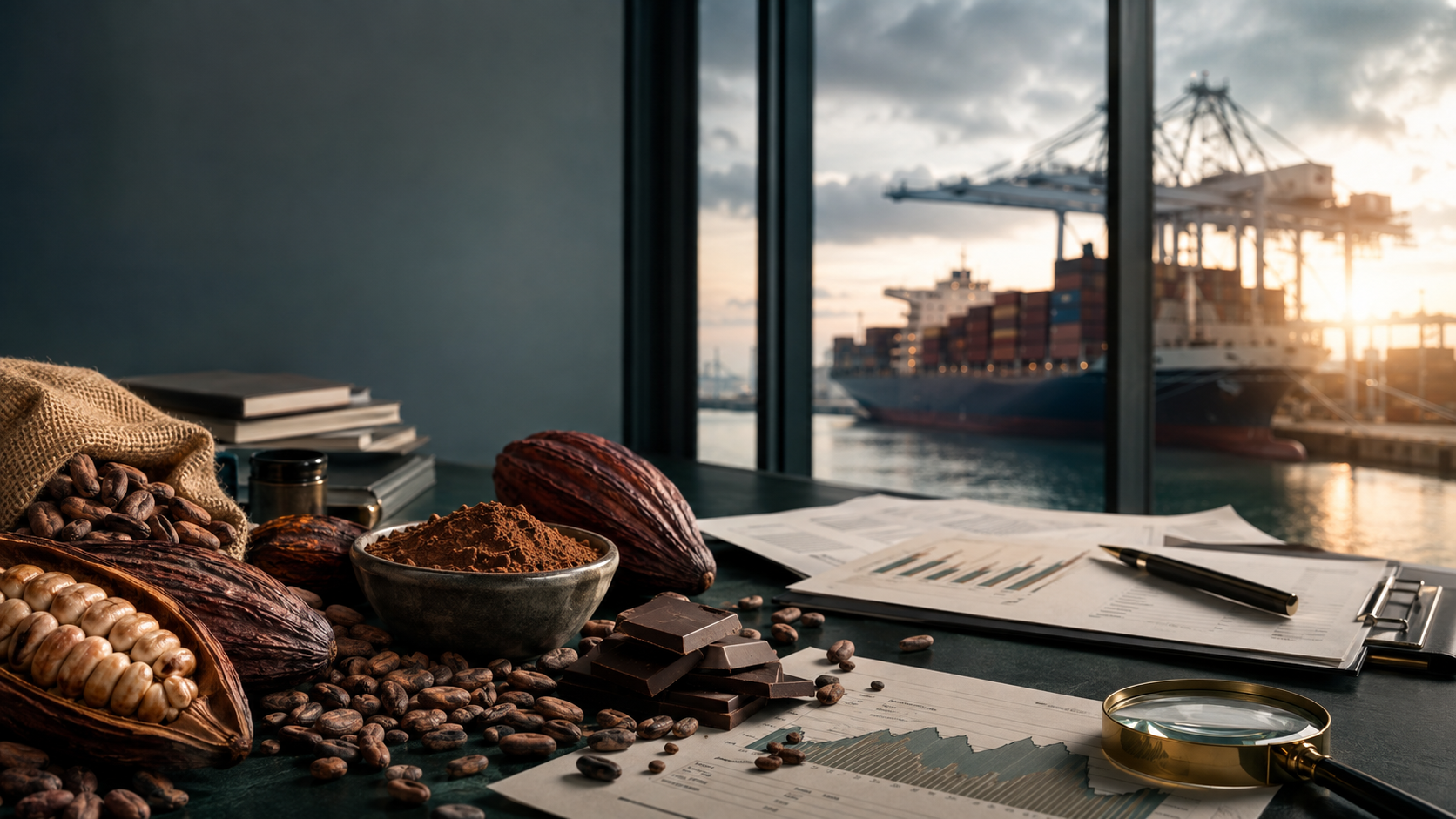 Cocoa beans, cocoa powder, market charts and international freight port