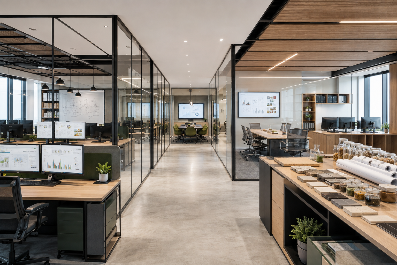 Modern engineering and technical sales office with glass-partitioned rooms